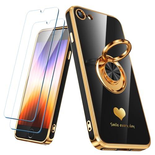 Nonional Compatible for iPhone SE/8/7 Case with 2 Pack Screen Protector, 360° Rotatable Ring Holder [Luxury Hearts Pattern] Plating Gold Edge Slim Soft Phone Case for iPhone SE/8/7 - Black