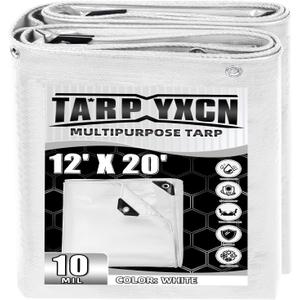 White Tarp 12x20 Feet, 10 Mil Thick Waterproof Poly Tarps Cover UV Resistant, Rip & Tear Proof with Metal Grommets Every 20 Inches