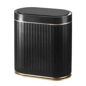 Bathroom Sensor Trash Can with Automatic Lid 2 Gallon Small Sensor Trash Can, 7.5 Liter Motion Sensor Smart Trash Can with Stripes, Slim Waterproof Plastic Garbage Can for Narrow Space (Black gold)