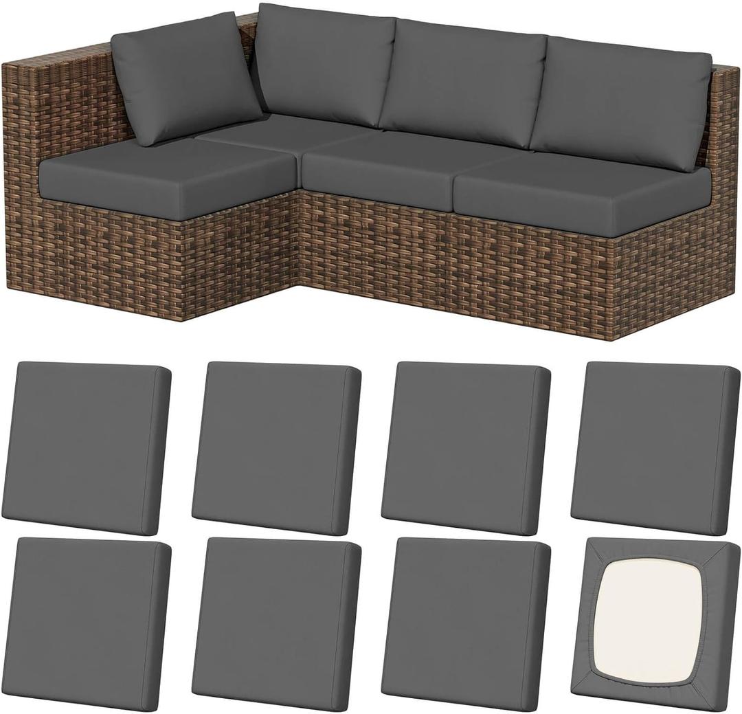 8Pcs Stretch Patio Cushion Covers, Outdoor Couch & Sofa Replacement Slipcovers for Patio Furniture Cushion Covers, Washable Reusable Furniture Protector,  Color Medium-Grey (Square-large)