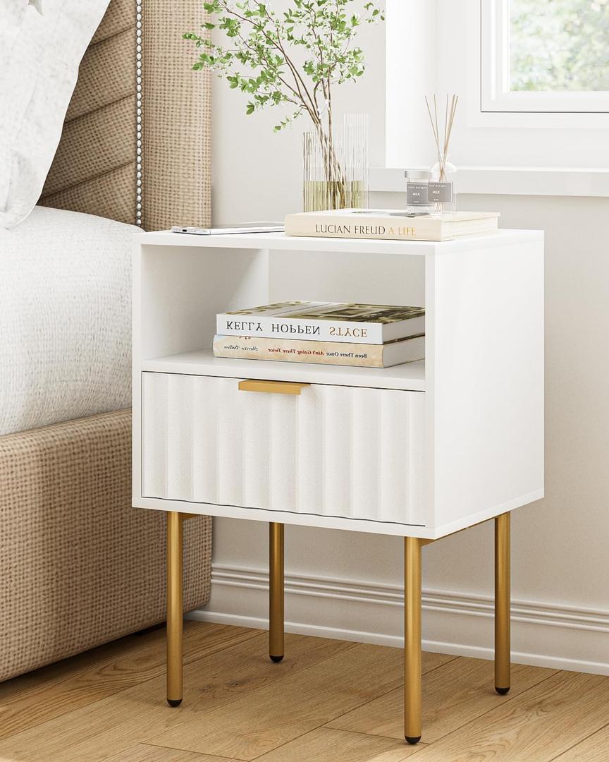 Night Stand,Modern Bedside Table with Drawer and Shelf,White Night Stand with Gold Frame,Small Side Table for Bedroom,Living Room, White