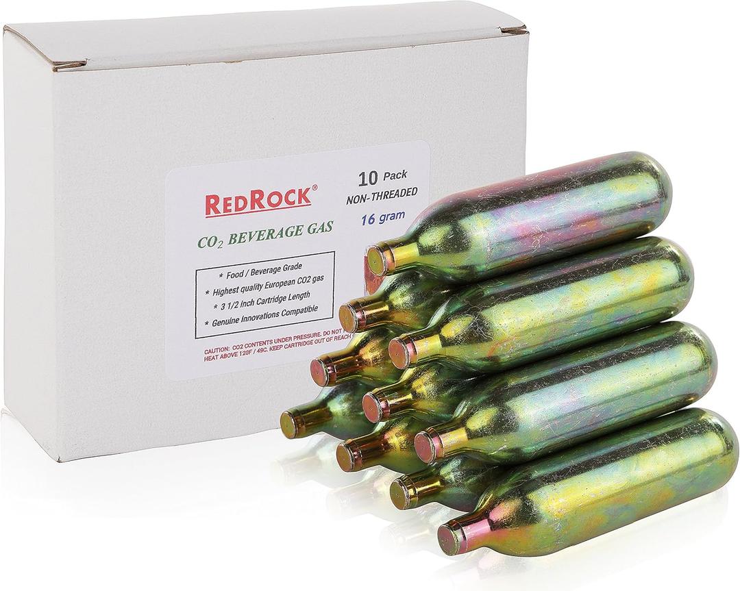 RedRock Unthreaded 16 Gram CO2 Cartridges, Food Grade Beverage Beer Keg Cartridge Chargers (10 Pack)