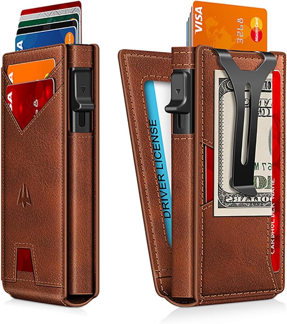 Wallet for Men, Slim Minimalist Wallet with Money ClipID Window, RFID Blocking Pop-Up Credit Card Holder, Smart Auminum Mens Wallet Holds 9-13 Cards (Gift Box) (Red Brown)
