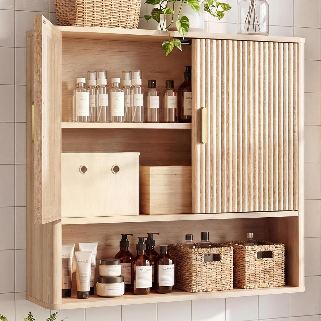 INNOD Bathroom Storage Wall Cabinet with Adjustable Wood Shelf & Doors, Over the Toilet Storage Cabinet Above Toilet Storage, Medicine Cabinet for Laundry Room & Kitchen & Living Room (Natural Oak)