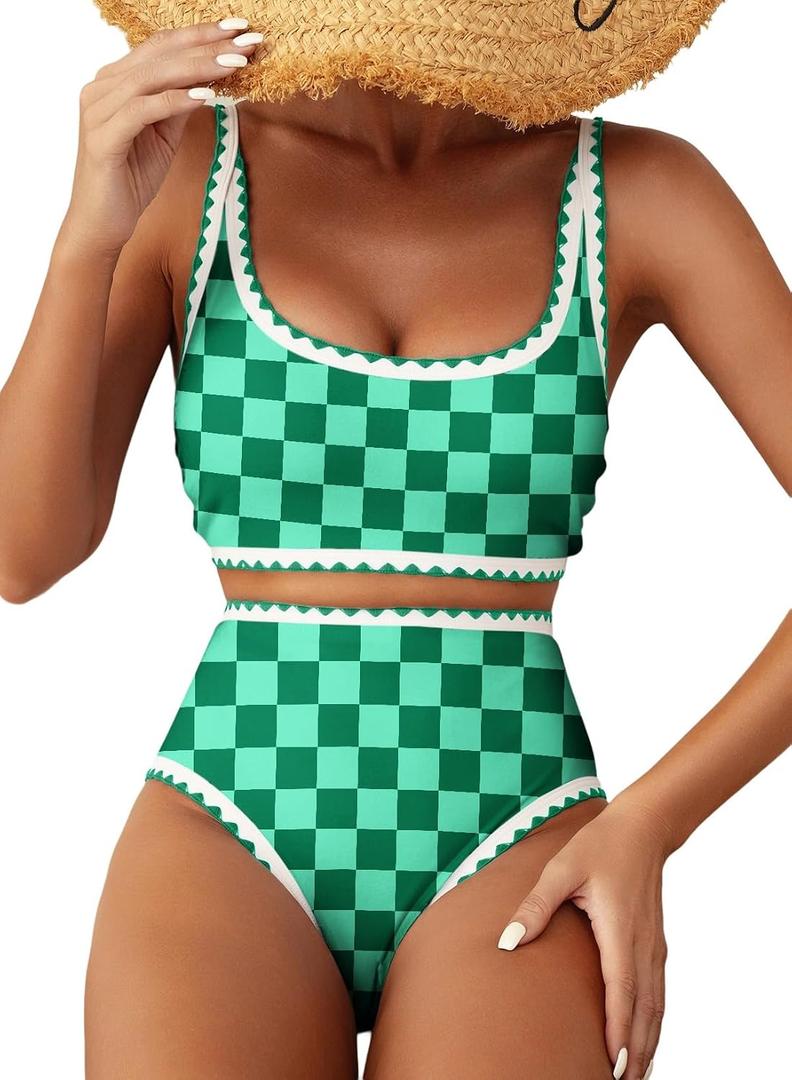 Herseas Women's Bikini Sets Floral Print Whip Stitch 2 Piece Swimsuits High Waisted Scoop Bathing Suits (Green, L)