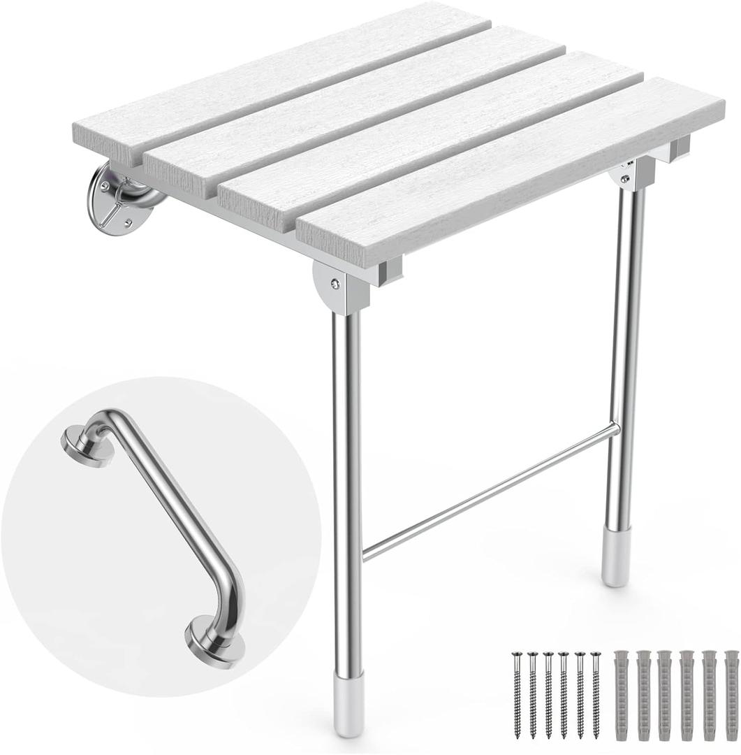 Folding Shower Seat Wall Mounted, Foldable Wall Wood Shower Chair Bench for Seniors, Bathroom Safety Shower Stool for Small Shower(Modern White)