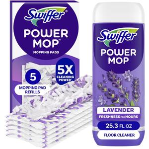 Swiffer Power Mop Refill Pack, Floor Cleaner for Mopping Tile, Vinyl, Laminate, Wood in Home, Bathroom, Kitchen, All Purpose Multi-Surface Cleaning, 5 Pads + 1 Lavender Solution