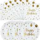 50PCS Happy Birthday Paper Plates and Napkins - 7 Inch Birthday Cake Plates Scalloped White and Gold Dessert Plates and 6.5 Inch Napkins Disposable Tableware Set, Serves 25