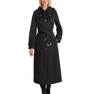 London Fog Black Large HOODED TRENCH COAT WITH WAIST BELT (Black, Large)