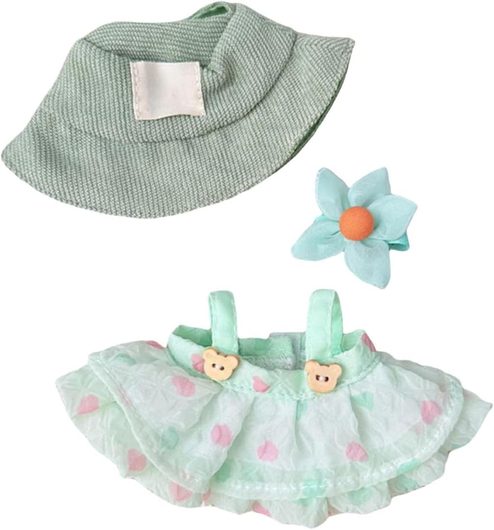 Doll Clothes Outfits, 3-Pieces Clothes Set Accessories for 17cm Dolls Outfit - Fashion Costume Doll Accessories for Decoration + Cute Dress+Bucket Hat+Detachable Fabric Flower(No Doll)(Green)