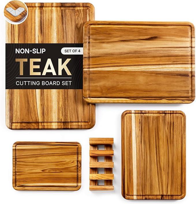4 Pack Teak Cutting Board Set for Kitchen Heavy Duty Non Toxic Non Slip Solid Thick Wood Haus Chopping Board Extra Large Big Small Meat Best Wooden Charcuterie Board, 11x16in ; 9x13im ; 8x11 in
