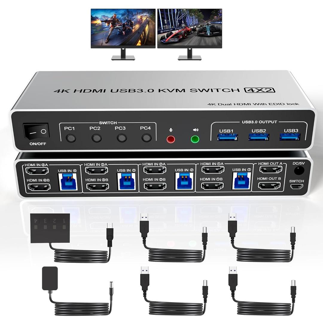 USB 3.0 KVM Switch - 4 Computers, 2 HDMI Monitors, 4K@60Hz, EDID Support, Audio & 3 USB 3.0 Ports