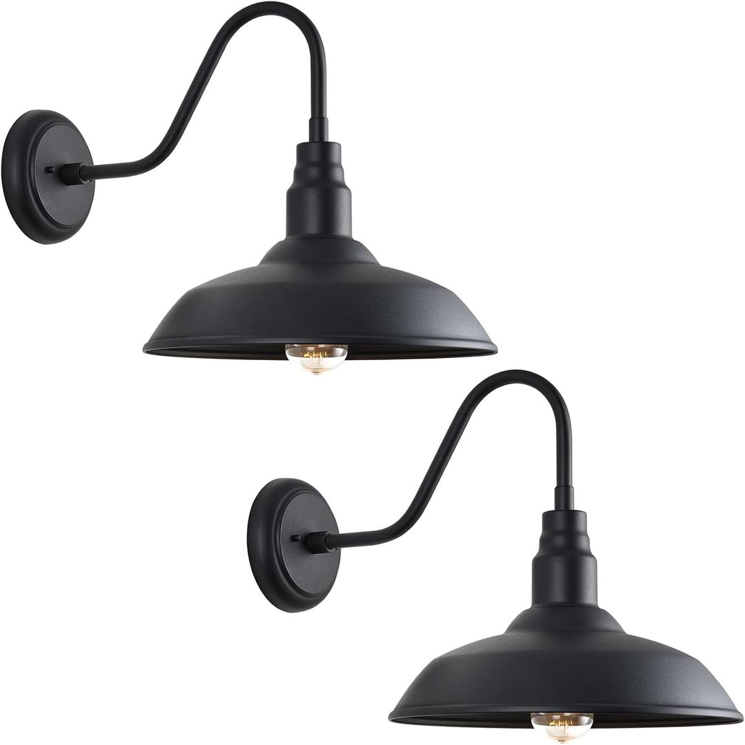 14 Inch Outdoor Gooseneck Light Fixture for Porch, 2 Pack Large Exterior Barn Lights for Farmhouse, Black Outside Wall Sconce for Porch Patio Garage, 14" Dome