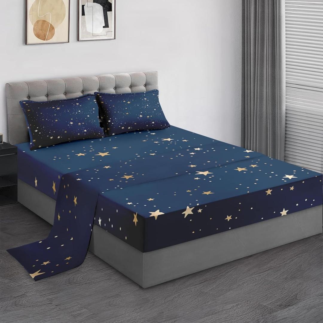 Queen Size Bed Sheet Sets, Galaxy Blue Gold Star Soft Microfiber 4 Pcs Bedding Sets for Kids and Adults Bedroom Bed Decor, Golden Space Starry Flat, Fitted Sheet and 2 Pillowcases