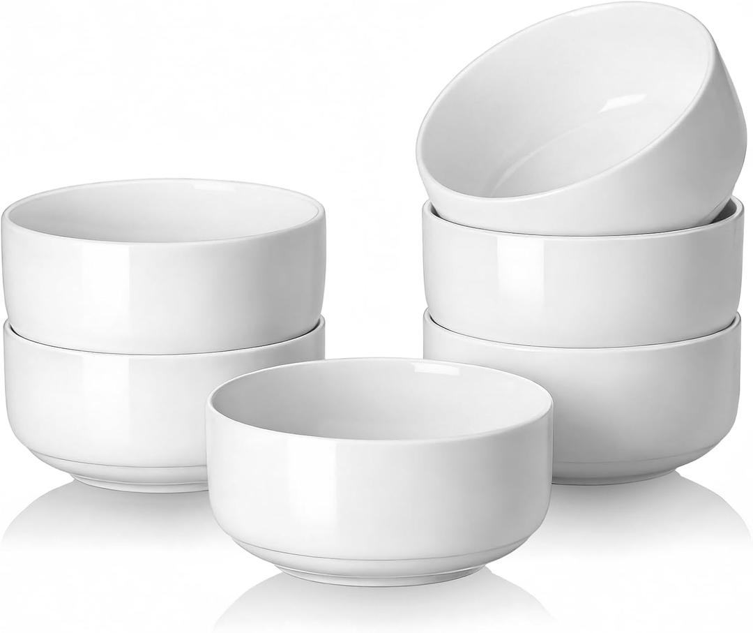 DOWAN White Ceramic Bowls Set of 6, 20 oz Ceramic Cereal Bowls, Everyday Cereal, Soup & Rice Bowls, Stackable Stoneware for Modern Kitchens, Dishwasher & Microwave Safe Bowl