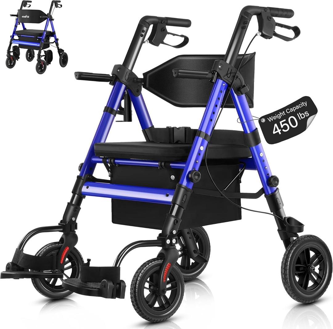 Walkers for Seniors,Heavy Duty Rollator Walker Wheelchair Combo, 2 in 1 Rollator Transport Chair with Brakes, 450 lb Rolling Walker 10" Big Wheels for All Terrain, Blue