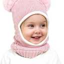 Camptrace Baby Toddler Winter Hat Scarf Set Pom Girls Boys Kids with Fleece Lined Beanie Snow Hat Hood (6-24 Months, Black)
