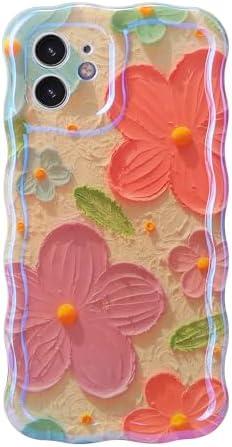 NEWOD Case for iPhone 12 6.1'' Colorful Retro Oil Painting Printed Flower Laser Glossy Pattern Cute Wave Phone Cover Stylish TPU Protective Case for Women Girls Lady (Pink#1)