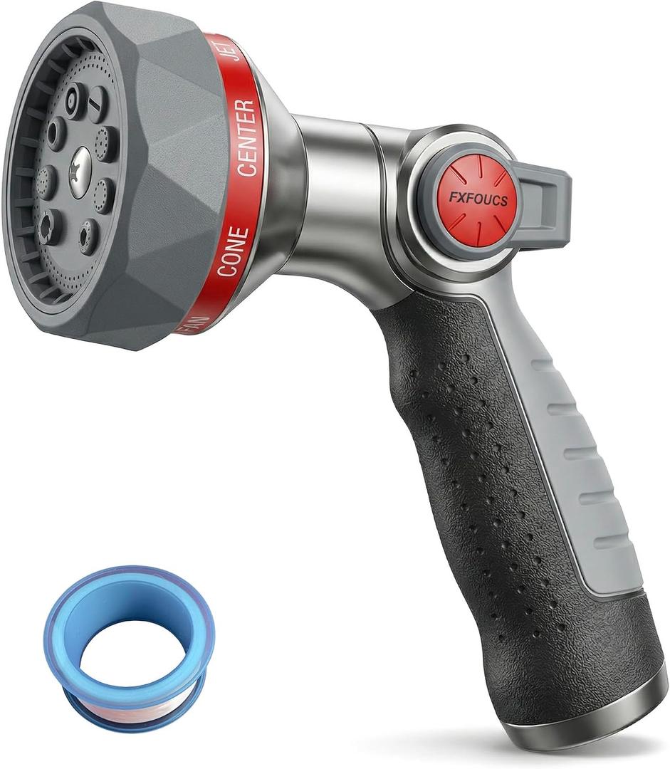 Garden Hose Nozzle Sprayer– this high heavy-duty metal spray nozzle offer 9 watering patterns for watering plants, lawns & gardens, washing cars, household cleaning and showering pets (Red-black)
