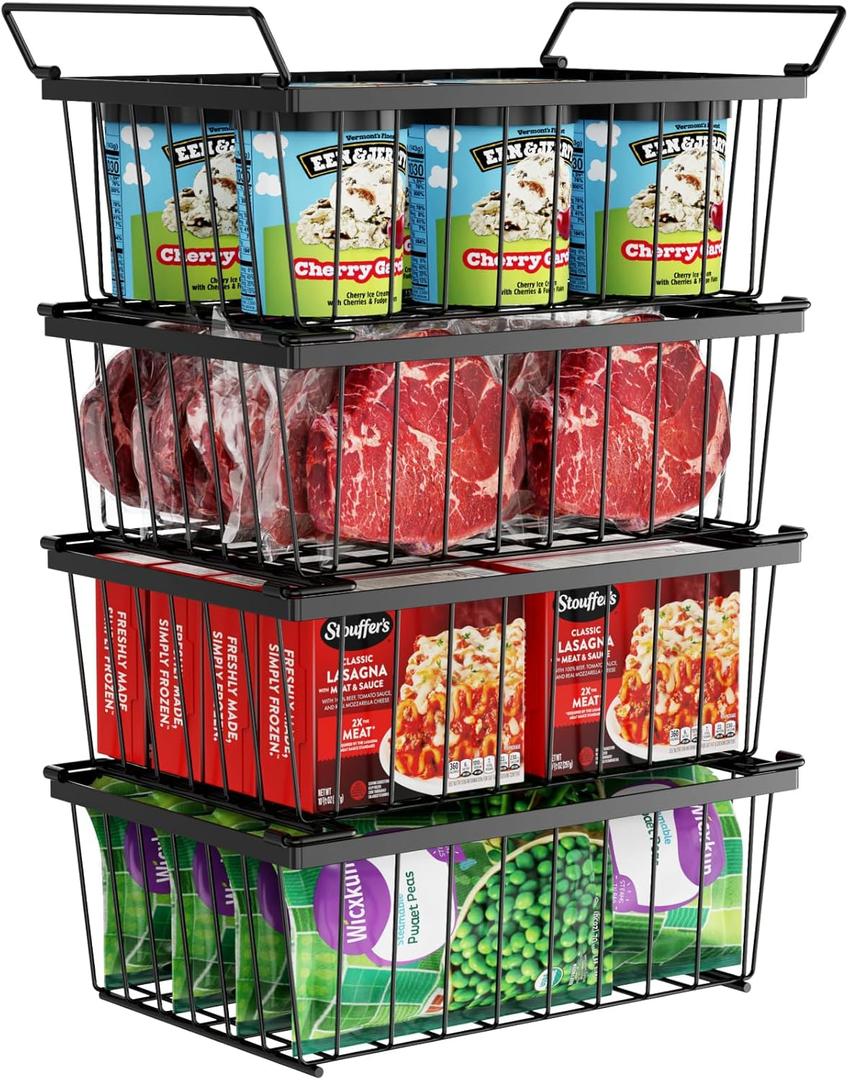 iSPECLE Freezer Organizer Bins - 4 Pack Stackable Deep Freezer Organizer Bins for 5 Cu.Ft Chest Freezer Sort Frozen Food, Heavy Duty Metal Storage Bins with Handles, Easy Access without Digging