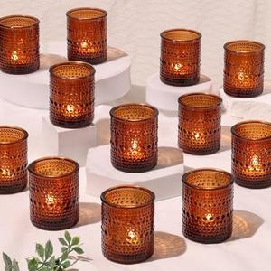 18 Pcs Amber Votive Candle Holders, Amber Glass Candle Holder with Polka Dot Embossed, Vintage Votive Candle Holders for Weddings, Home Decor, Baby Shower, Special Occasions