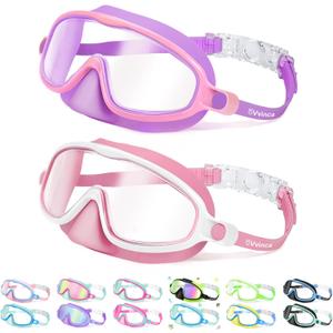 Vvinca 2 Pcs Kids-Swim-Goggles with Nose Cover, Swimming Diving Mask Wide View Anti Fog UV Anti Shattered Lens for Kids 3-6 (02-Pink & Purple)