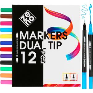 ZENO 12 Dual Tip Markers Set  No-Bleed Coloring Markers for Adults  Fine & Brush Tip, Watercolor Pens for Coloring Books, Journaling, and Artists