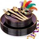 YOUBET 125PCS Purple Plastic Plates - Purple Disposable Plates With Gold Rim - Include 50 Dinner & Dessert Plate, 75 Gold Cutlery Perfect for Wedding Parties & Mardi Gras Party