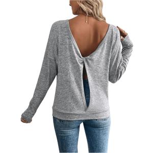 SOLY HUX Women's Twist Open Back Tops Cut Out Tee Backless Casual Long Sleeve Round Neck T Shirt (Pure Grey)