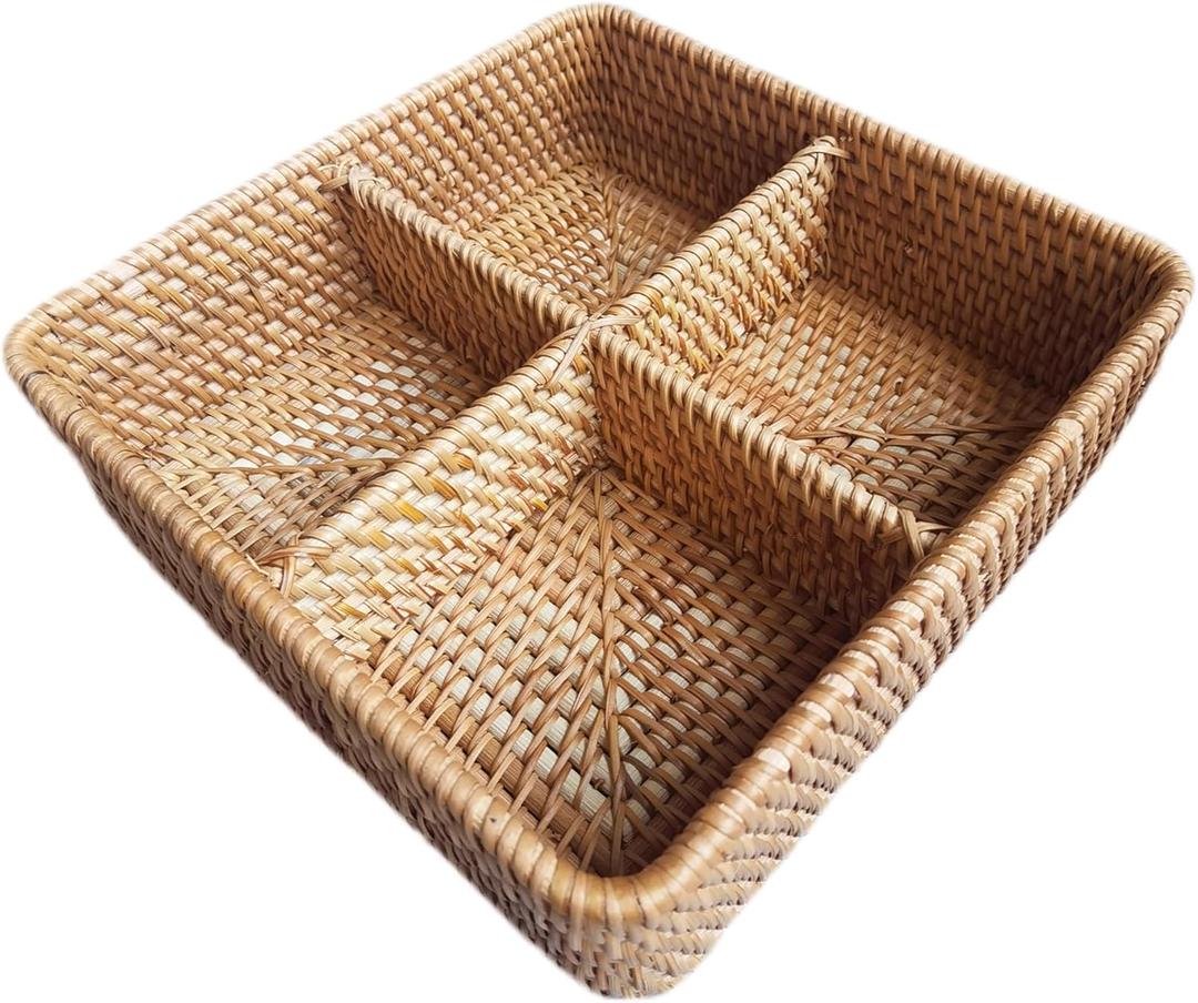 I-lan 4-compartment Square Woven Natural Wicker Storage Basket Box without Lid, 4 Divided Rattan Basket Organizer for Countertops ,Shelf, Snacks, Candy, Nuts and Other Accessories