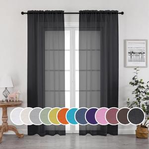 OWENIE Black Sheer Curtains, Sheer Curtains 84 inch Length 2 Panels Set, Rod Pocket Voile Fimly Sheer Drapes for Living Room/Bedroom, 2pcs, Each 42" W x 84" L, Black