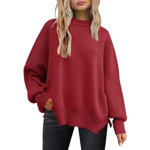 LILLUSORY Women's Oversized Batwing Sweaters 2026 Fall Outfits Trendy Crewneck Knit Side Slit Fashion Pullover Tops (Large, Red)