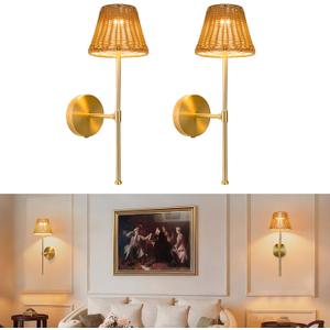 Dimmable Rechargeable Wall Sconce, Battery Operated Wall Light with 3 Color Temperatures & Touch Control, No Wiring Needed, Hand Woven Boho Rattan Lamps Set of 2 for Living Room, Bedroom (Rattan)
