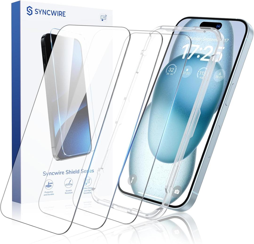 SYNCWIRE Screen Protector for iPhone 15 [6.1 inch], Reinforced Tempered Glass with Easy Installation Frame, Bubble Free, HD Clear, Shatterproof, Scratch Resistant, Case Friendly, 3 Pack