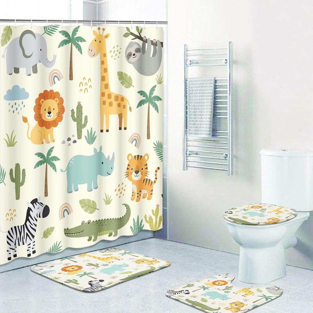 Britimes 4 Piece Shower Curtain Sets, Safari Kids Animals Cute with Non-Slip Rugs, Toilet Lid Cover and Bath Mat, for Bathroom Decor Set, 72" x 72"