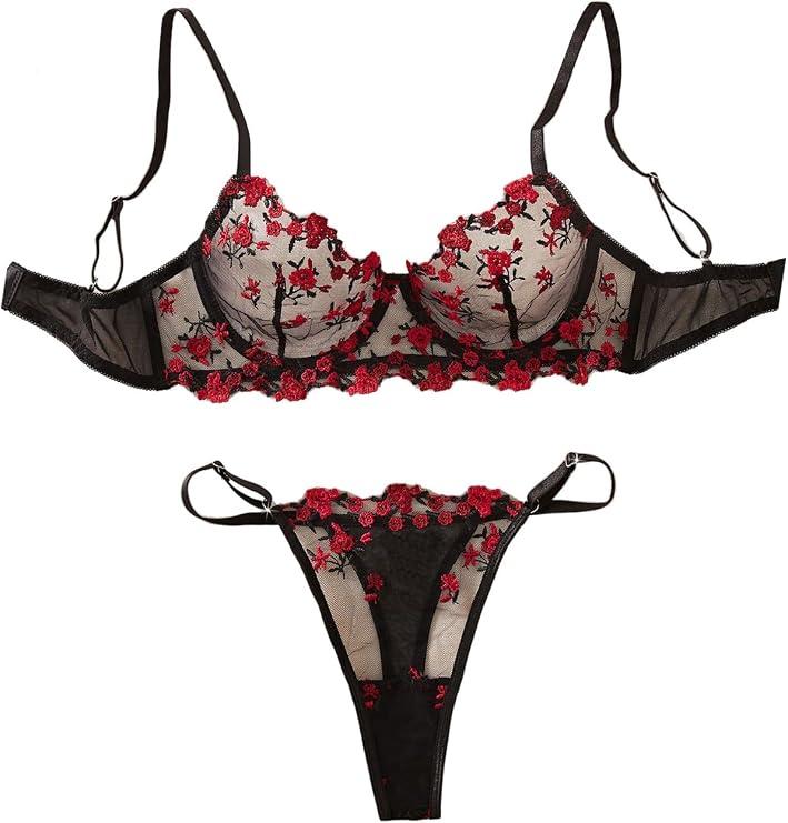 SweatyRocks Women's Valentines Lace Floral Lingerie Sets Sexy Mesh Bra and Panty Babydoll Outfits, Large