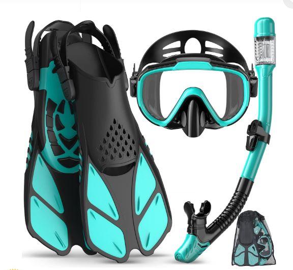 Snorkeling Gear for Adults Men Women,4 in 1 Snorkel Set with Panoramic View Diving Mask Anti-Fog Anti-Leak,Dry Top Snorkel,Fins and Travel Bag for Swimming,Snorkeling and Travel Diving, Size  S/M 4.5-8.5
