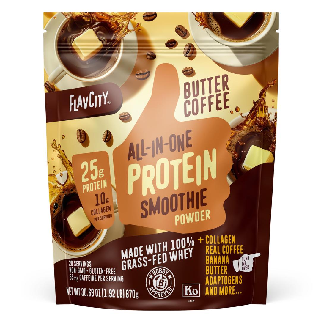 FlavCity All in One Protein Shake Powder, Butter Coffee - 55mg Caffeine + Collagen Peptides, Reishi & Cordyceps - Focus, Skin, Hair & Joint Support - 100% Grass Fed Whey, 20 Servings BB 02/08/2028