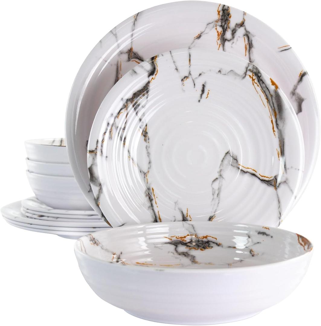 Elama Lightweight Dinnerware Set, 12 Piece, White Marble