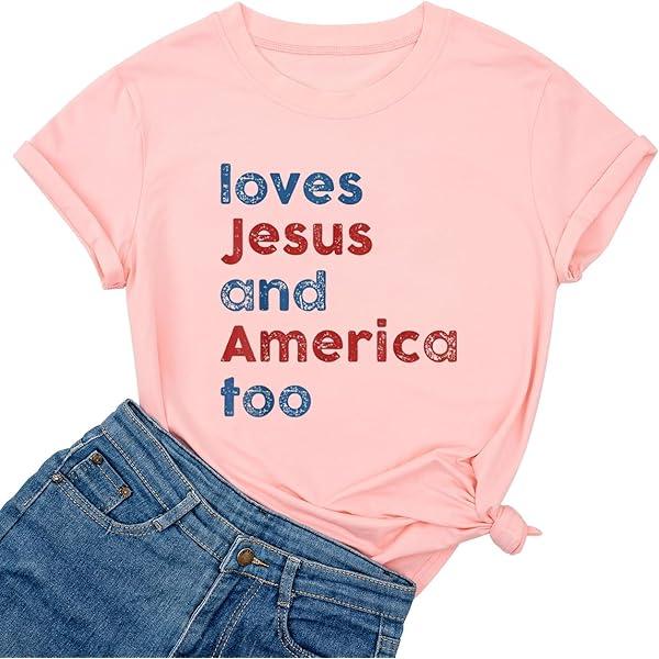 Loves Jesus and America Too T Shirt Patriotic Christian T-Shirt Independence Day Gift Unisex T-shirts Short Sleeve Vintage Tees, L