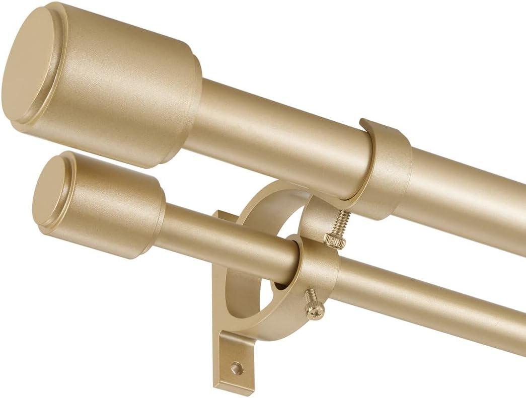 Double Curtain Rods Gold, Double Drapery Rod 36-72 Inch, Decorative Curtain Rod with Cap Finials, 1 Inch Front and 5/8 Inch Diameter Back Dual Curtain Rod Adjustable Double Window Rods Light Gold