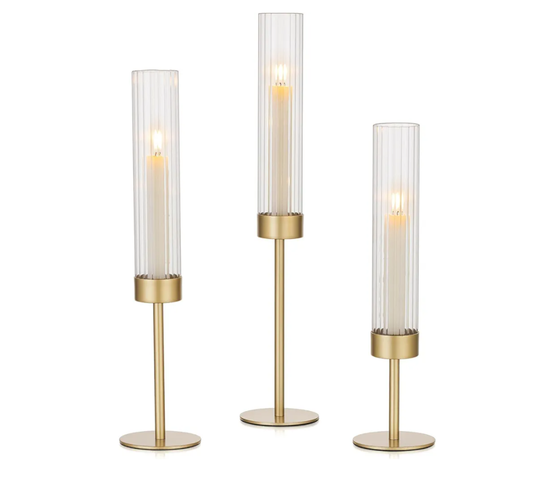 Gold Candle Holders Set of 3 Decorative Taper Candlestick Holders with Windproof Glass for Wedding Reception, Home Decor, and Holiday Centerpieces Elegant Heights of 14'', 16.5'', 18.8''