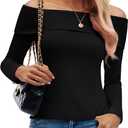 Women's Off Shoulder Long Sleeve Ribbed Tops Fitted Basic Shirts Soft Stretch Slim Going Out Tops (Small, Black)
