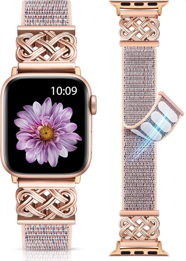 Minyee Nylon Loop Band Compatible with Apple Watch Bands 38/40/41/42mm(Series 11/10) Women Men, Celtic Knot Dressy Adjustable Breathable Braided Straps for iWatch Series (Pink Sand/Rose Gold)