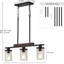 Wood Island Light for Kitchen/Restaurant,3-Light Farmhouse Dining Room Fixture/Chandelier Over Table/Bar,Matte Black Industrial Linear Pendant Lighting Fixtures Ceiling Hanging with Glass Shade-E26