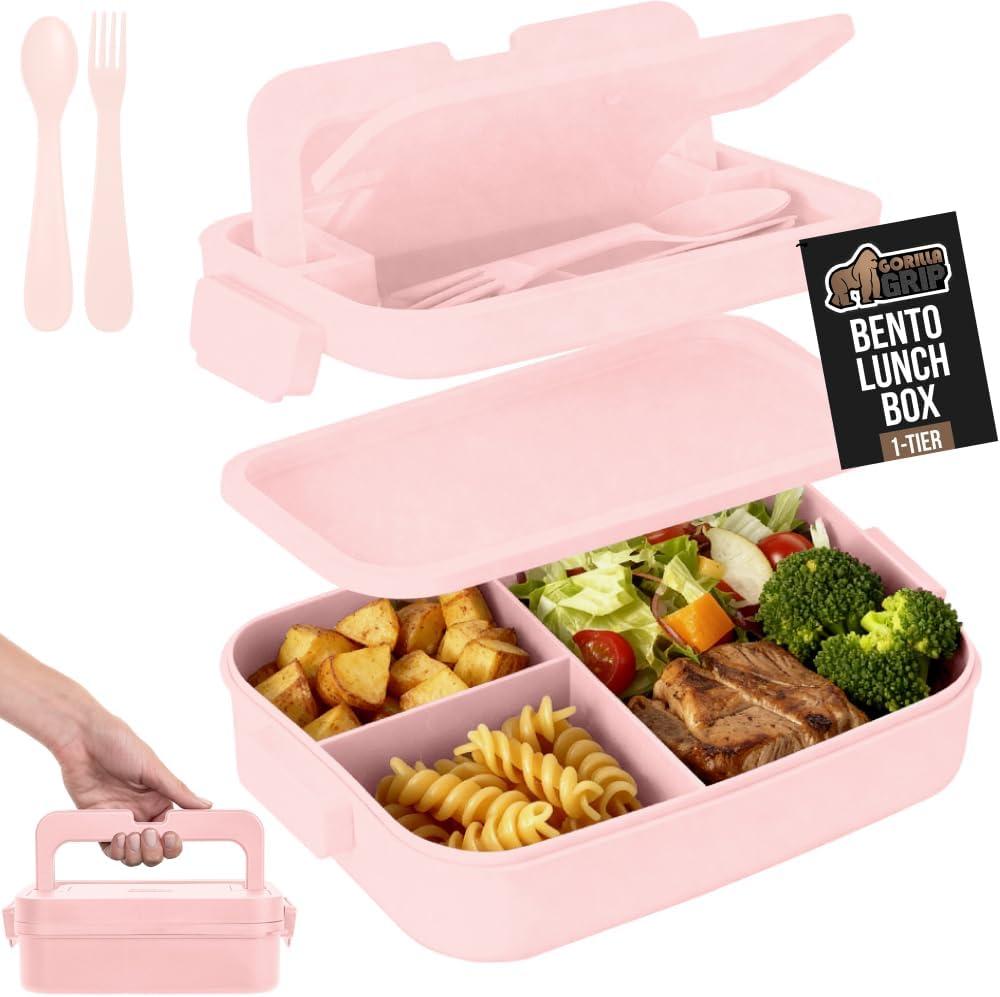 GORILLA GRIP BPA-Free Leakproof Bento Lunch Box for Women, Men, Kids, On-the-go Easy to Carry Handle, Microwave Safe Hot or Cold Food Container, Lid Includes Built-In Utensil Set, 1 Tier Style, Pink