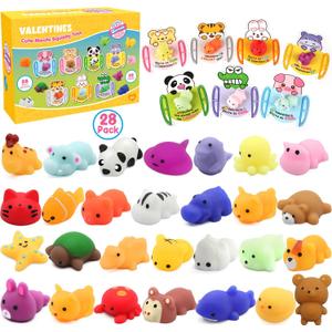 28 Pack Valentines Day Gifts for Kids School, Mochi Squishies with Greeting Cards Party Favor for Kids, Animals Squishies Stress Relief Fidget Toys Classroom Exchange Prizes Gifts