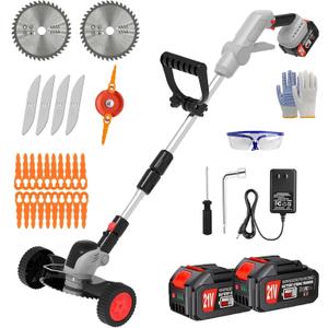 Electric Weed Wacker Cordless Eater Battery Powered Weed Trimmer with 21V String Trimme Battery Operated & Wheels 3 Types Blades 3 in 1 Stringless Grass Trimmer/Edger/Brush Cutter for Garden Yard Lawn