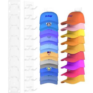 2 Pack Hat Organizer for Baseball Caps, Strong Adhesive Hat Rack for Wall, Multilayer Hat Storage Display Holder, Wall Mounted Hats Hooks Hold up to 18 Hats for Closet Door and Bedroom (White)