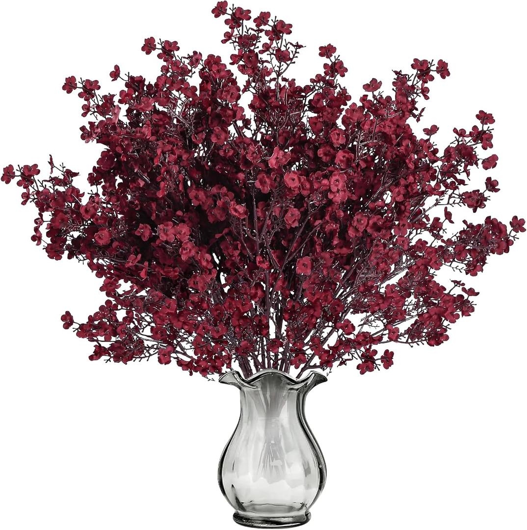 Sggvecsy 15 Pcs Baby's Breath Artificial Flowers Gypsophila Bouquets Bulk Real Touch Fake Silk Flowers for Home DIY Floral Arrangement Table Centerpiece Fall Thanksgiving Autumn Decoration (Burgundy)
